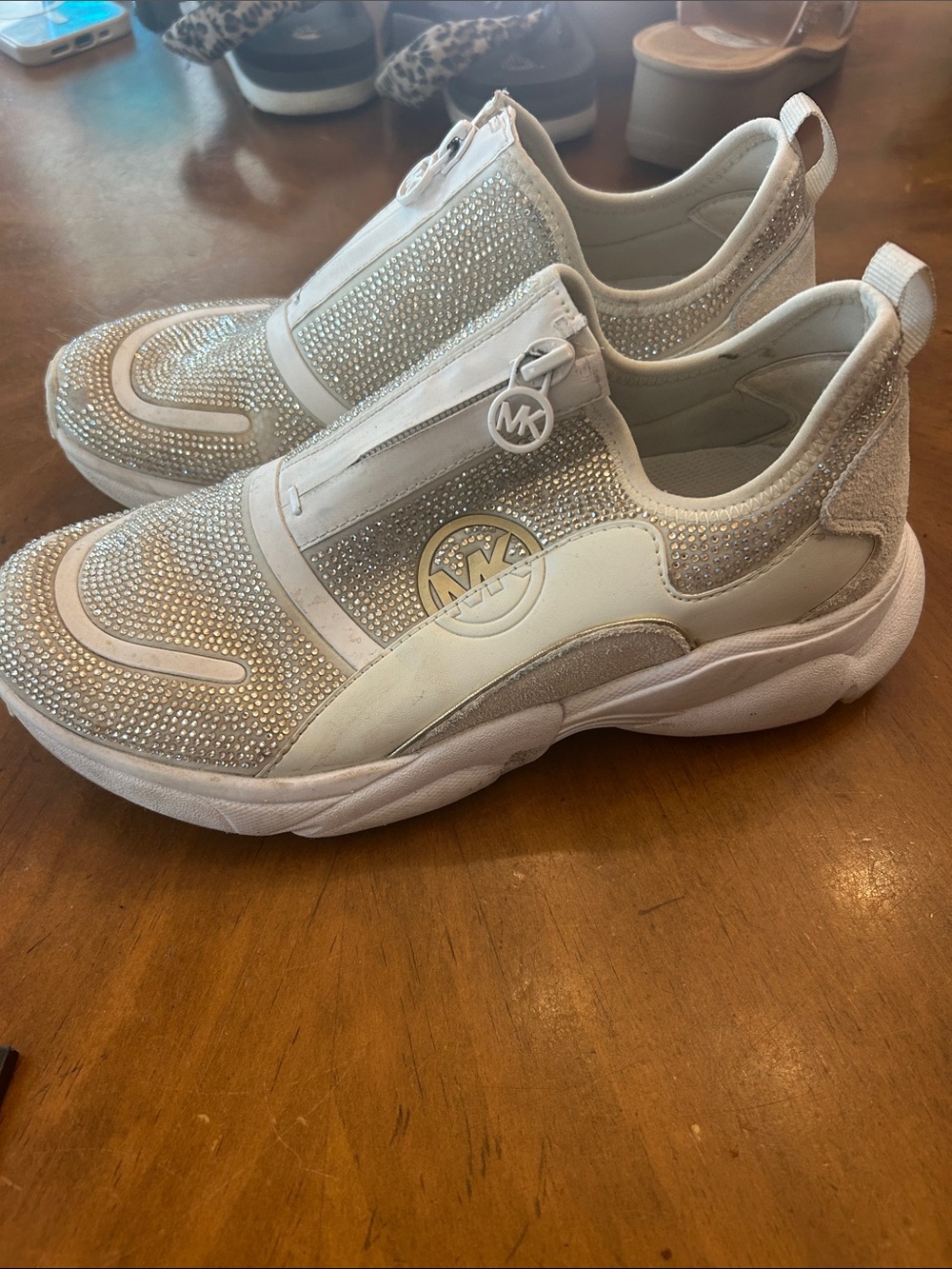 Michael Kors White & Silver Slip-On Rhinestone Sneakers